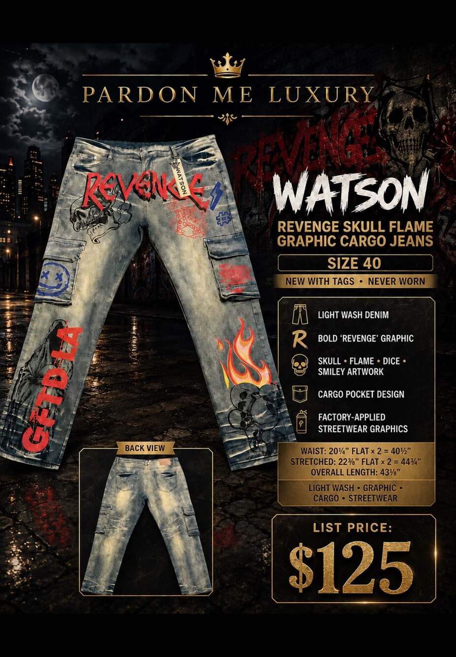 Watson Revenge Skull Flame Graphic Cargo Jeans Light Wash NWT